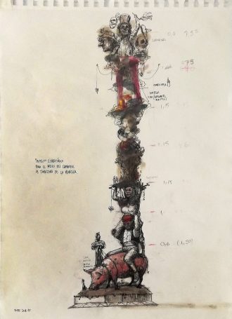boceto escultura totem para Museo del Carnaval de Tarazona de la Mancha. mixta sobre papel. 42x30cm.2019 min
